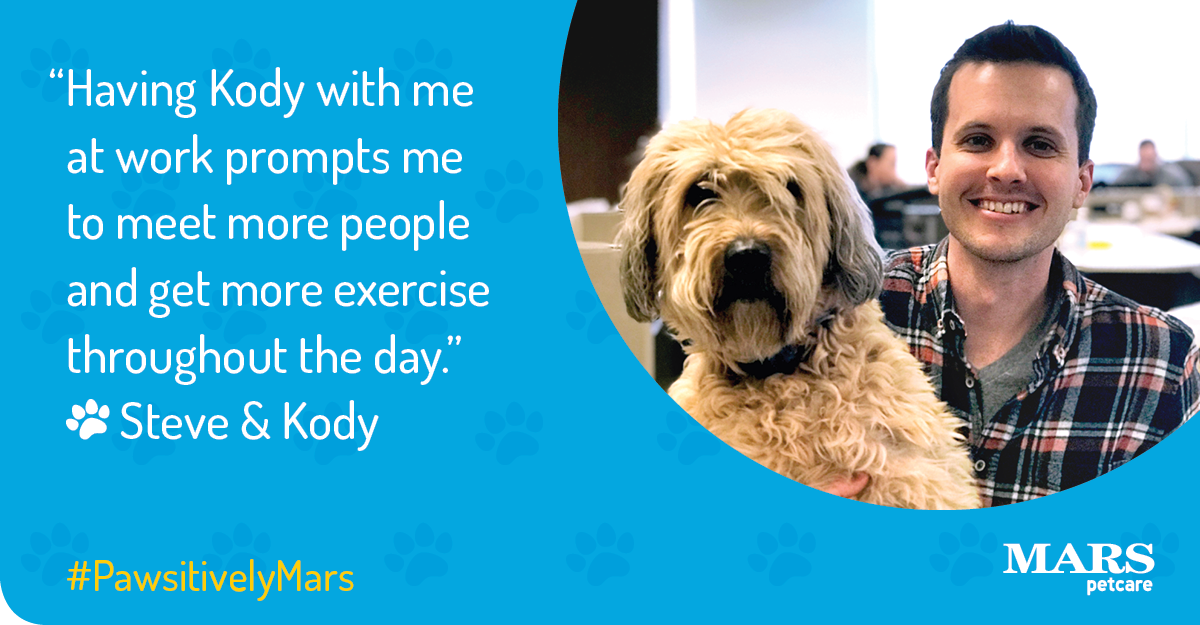 MarsPetcareUS's tweet photo. Why do #PetsWorkAtWork? They get us up for exercise and out interacting with others. "Kody is a constant reminder of our Mars Petcare mission," says our Associate Steve. #PawsitivelyMars https://t.co/10G1sPda4P