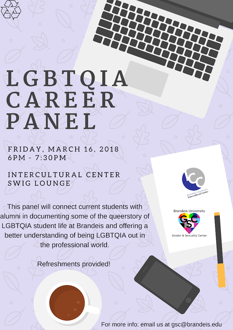 Brandeis_GSC's tweet photo. Join us at the ICC tomorrow at 6pm for an amazing panel of alumni from our Brandeis queer community! https://t.co/2C0hNwLn7L