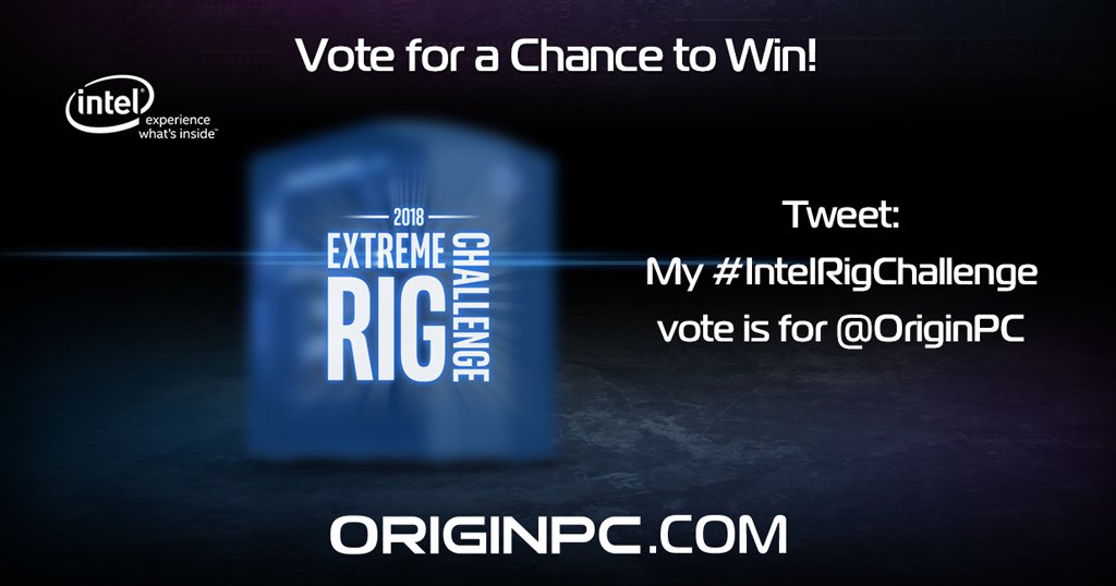 ORIGINPC's tweet photo. We're part of 2018's #IntelRigChallenge by @IntelGaming!

Vote for us for a chance to win our PC by tweeting 'My #IntelRigChallenge vote is with @ORIGINPC'

Watch our first video for the IRC - here: https://t.co/QZHJkEiSfV

Check out our IRC page - here: https://t.co/nEzlTNXaHY https://t.co/mFlBV2O4fl