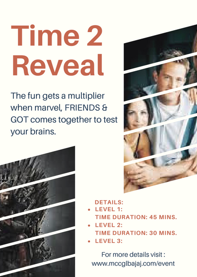 TimeTwoHack's tweet photo. Get Ready to show how much you know about your favourite TV Series because it's Time to Reveal.
#Time2Reveal #FRIENDS #GameofThrones #Marvel #Fun #Event #Time2Hack #GLBajaj #GreaterNoida https://t.co/3uCws1ADec