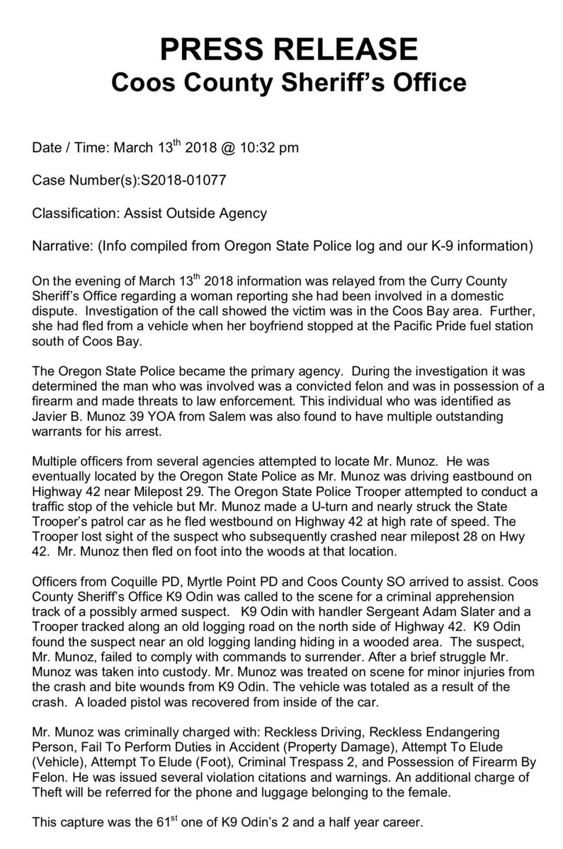 Coos_County_SO's tweet photo. Press Release: Multi Agency Assist @ORStatePolice #myccso #k9Odin https://t.co/UTlr7g3QqA