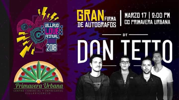DONTETTO's tweet photo. Familia!!! Este sábado 17 de marzo estaremos en Villavicencio a las 2:00 p.m en el C.C Primavera Urbana firma de autógrafos
Los esperamos!!! #VLF2018 @VillavoLoveFest https://t.co/M1qk5GWzZ3