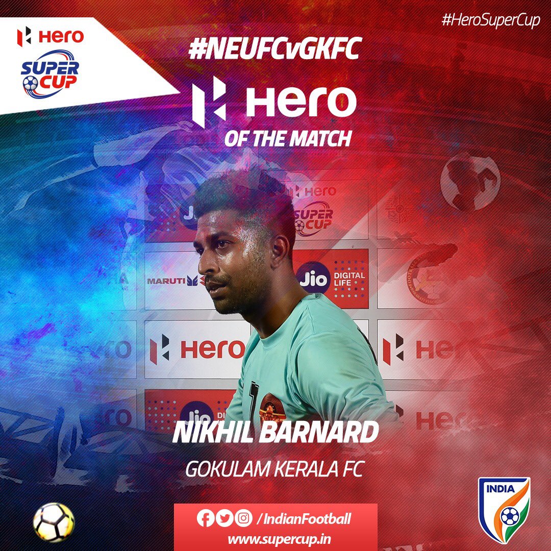 Nikhil Barnard kept @NEUtdFC at bay and resulted in a historic win for @GokulamKeralaFC . He is our hero of the match. #HeroSuperCup #NEUFCvGKFC