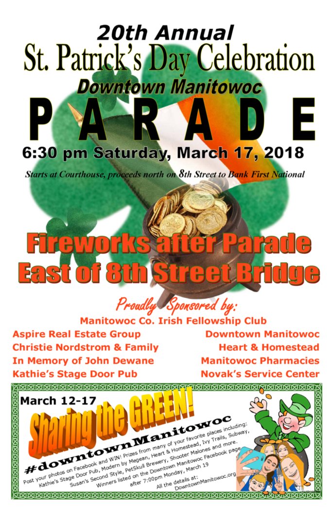 TwoRiversWiscon's tweet photo. #TravelWI #DiscoverWI #ManitowocCounty #StPatricksDay #ManitowocWI #ThinkLovePlay #Parade https://t.co/YyWK4Zpdp8
