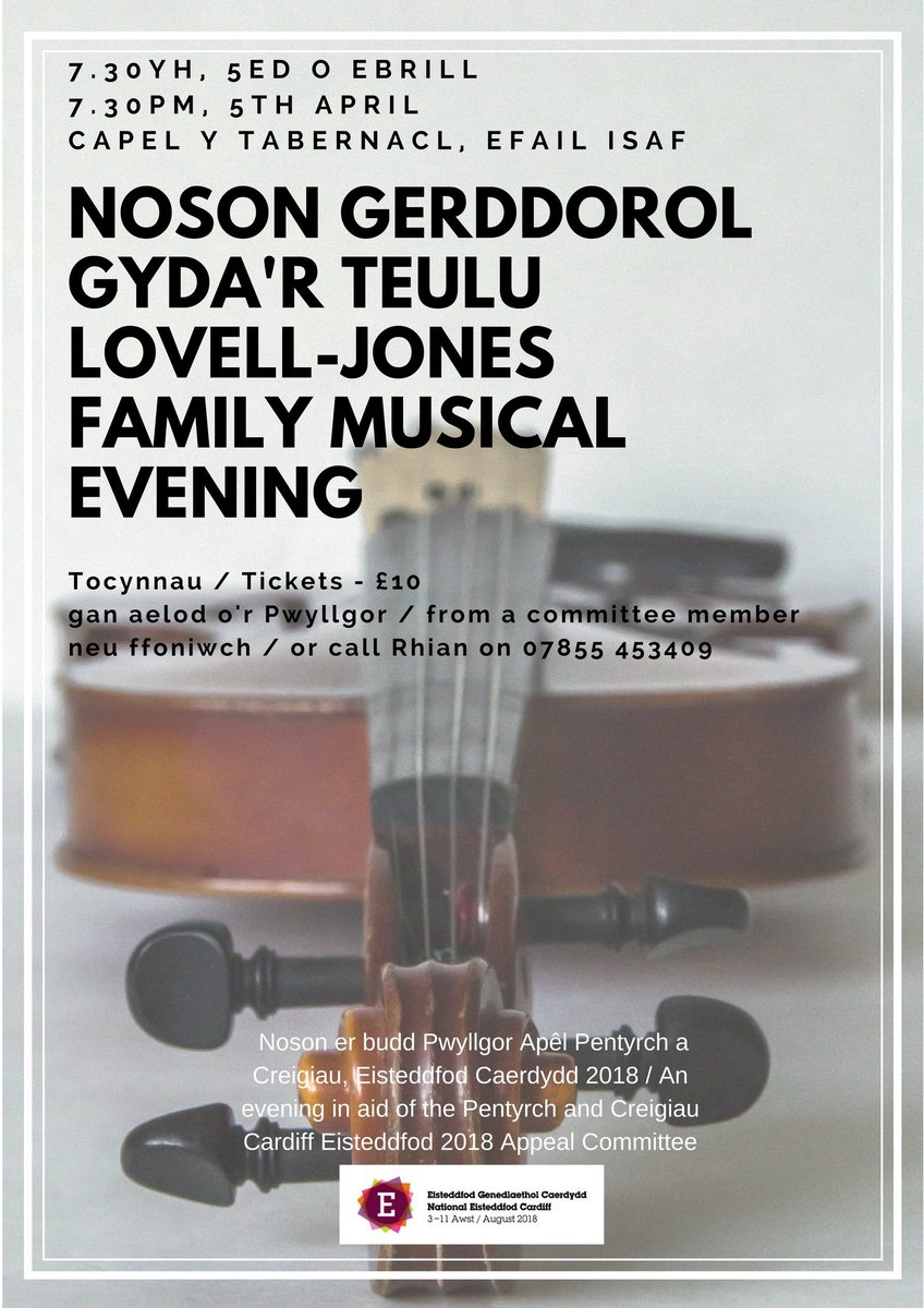 Cysylltwch am docynnau i'r noson hyfryd yma o gerddoriaeth yng Nghapel y Tabernacl, Efail Isaf. 5 Ebrill. Manylion yn y llun. #yagym

Get your tickets for this lovely evening of music in the Tabernacle Chapel Efail Isaf. 5 April. Details in image.
<a href="/MenterIaithRhCT/">Menter Iaith Rhondda Cynon Taf</a> <a href="/MenterCaerdydd/">Menter Caerdydd</a>