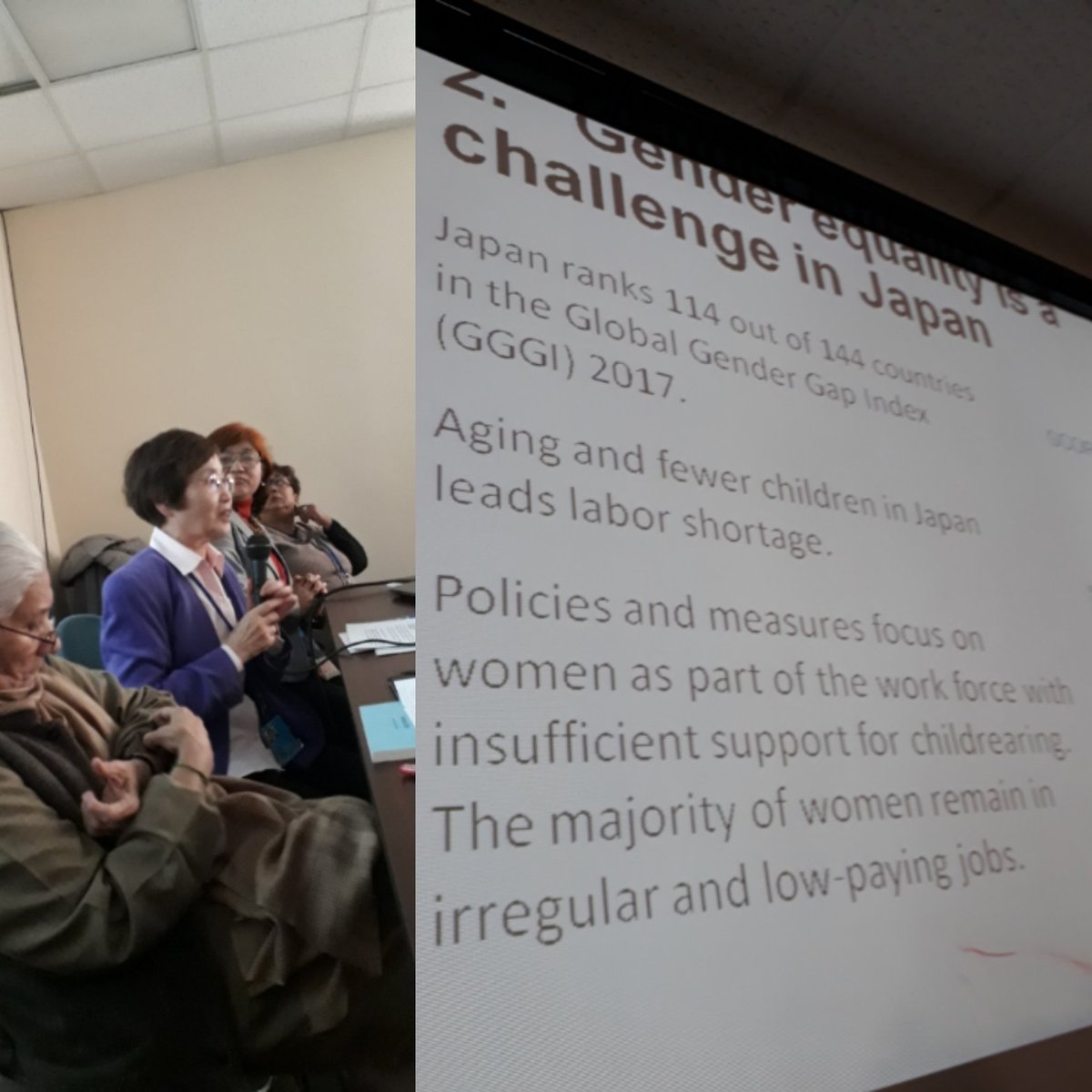FWRM1's tweet photo. Japan could do better on Global Gender Gap index says Ms Oda of JAW. #APWW building synergies and coherence between #CSW and the #SDGs at parallel session at #CSW62 https://t.co/ZTB8s1mGYA