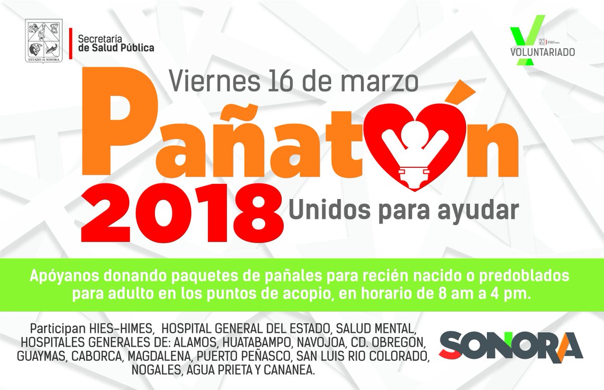 ssaludsonora's tweet photo. Recuerda que mañana es el #Pañatón2018, en los Hospitales de la Secretaría de Salud en el estado, estaremos recibiendo tus donativos. #UnidosParaAyudar https://t.co/OkKRH32Qk5