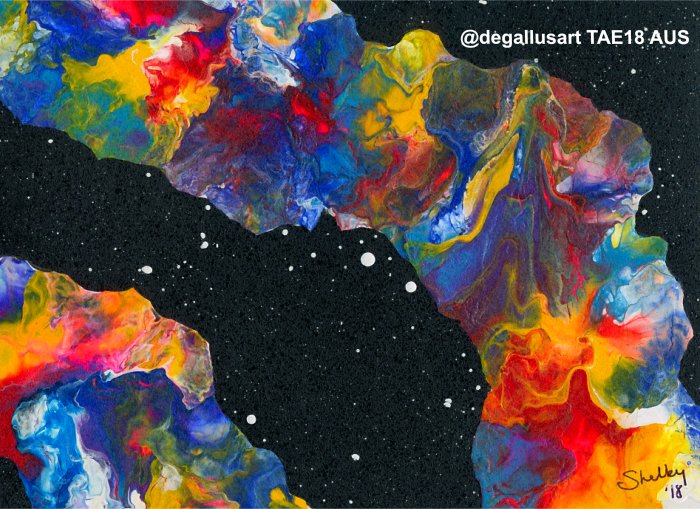 PAEartforacause's tweet photo. You will be happy to know that 'Cosmic Bridge' has arrived in Canberra from Canada @degallusart! Thank you for this stellar contribution to the #tae18 charity art sale supporting @PegasusRDA_ACT #artonapostcard https://t.co/XblFwZ6He9