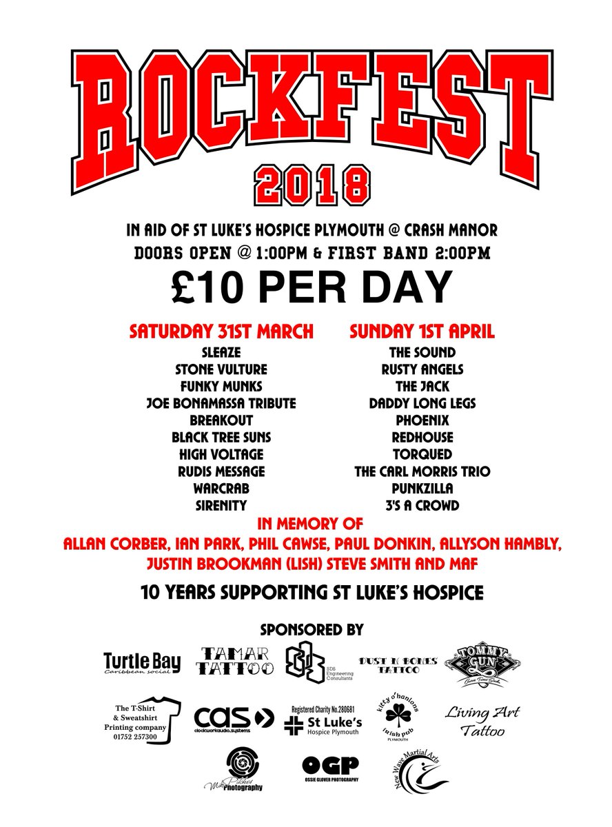CuzRockfest's tweet photo. 2 Day #charity #event #hospice #fundraiser in aid of @StLukesPlymouth #Plymouth #Devon #Cornwall @ManorCrash.Would love a RT please @Woodythedrum @sharrond62 @rickywarwick @glenn_hughes #Blues #Rock #Punk #Ska #Metal #Indie @HeraldWhatsOn @WhatsOnPlymouth @WhatsOnCornwall 🎸🥁🎤 https://t.co/15wgXfJn6C