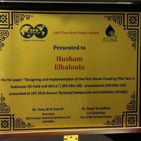 المهندس : هشام عوض السيد علي البلولة .
الحائز على جائزة شلمبرجير للتفوق العلمي للأعوام 2006و2007و2008 كما تم اختيار ورقته البحثية للماجستير من ضمن أفضل 25 ورقه علميه في مجال هندسة النفط في الشرق الاوسط من ضمن 80 ورقه.
#سوداني_مميز