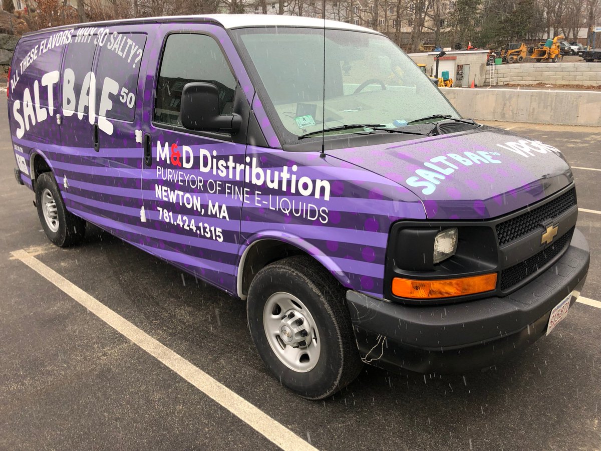 SpeedproBoston's tweet image. We printed and installed these fun graphics for M&amp;amp;D Distributing of Newton. The wrap features two different sides on a single vehicle, and were done using premium @3M vinyl and laminate.  A great way to promote not one but two of the fine e-liquids they have to offer.