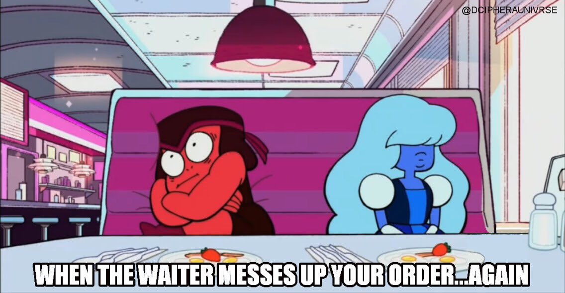 dcipheraunivrse's tweet photo. Maybe they’re new on the job? #stevenuniverse #ruby #sapphire #restaurant #waiter #order #impatient #givethemabreak #firstdayonthejob #firstday #outsideproblems https://t.co/Bqc1k4U44h