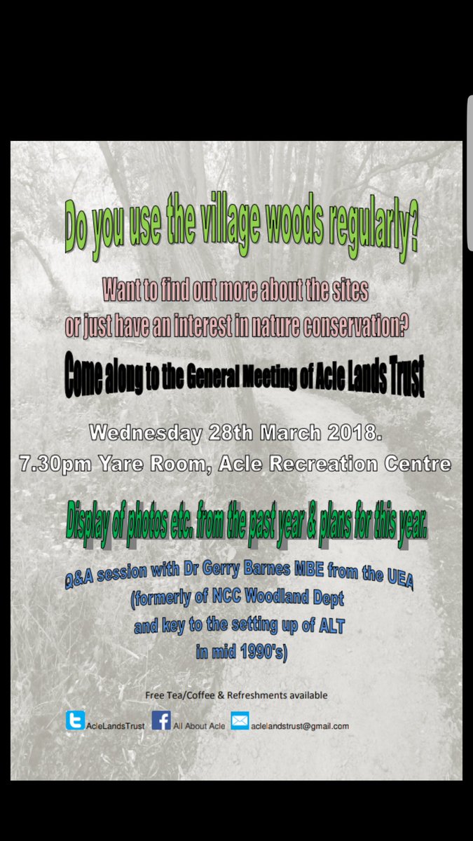 ALT AGM, Wed 28th March, Acle Rec Centre.  Come and see the displays and ask questions, Q&amp;A with Dr Gerry Barnes MBE