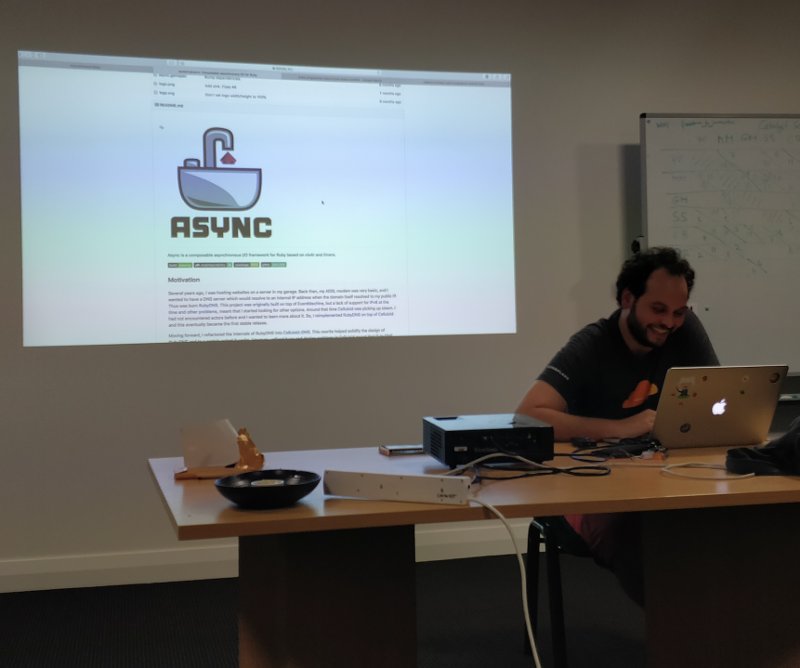 chchruby's tweet image. Simply phenomenal talk by @ioquatix last night on how to write async ruby. Processes, threads,green threads,reactor model. This talk had it!