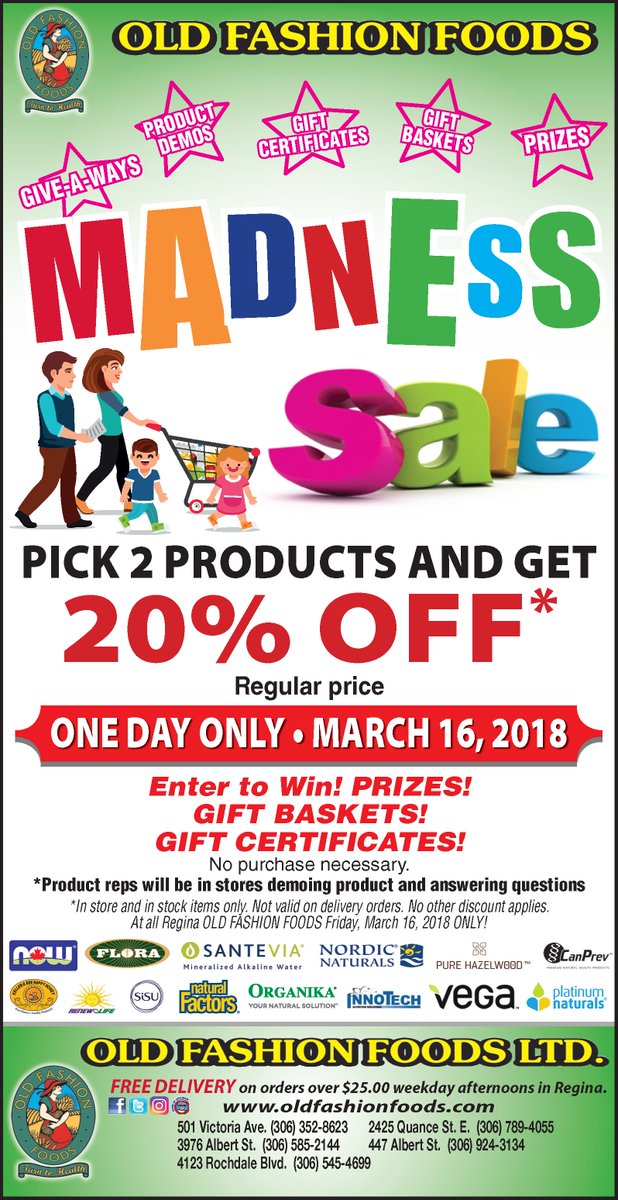 OLDFASHIONFOODS's tweet image. Be sure to stop in!
Pick 2 Products, Get 20% OFF* reg. price. 
YES, it's the MADNESS SALE at all Regina Old Fashion Foods. 
ONE DAY ONLY! TOMORROW, FRIDAY, MARCH 16. 
Reps. demoing in store. 
Enter to win Prizes, Gift Baskets, Gift Certificates! 
Don't miss out! 
#SALE