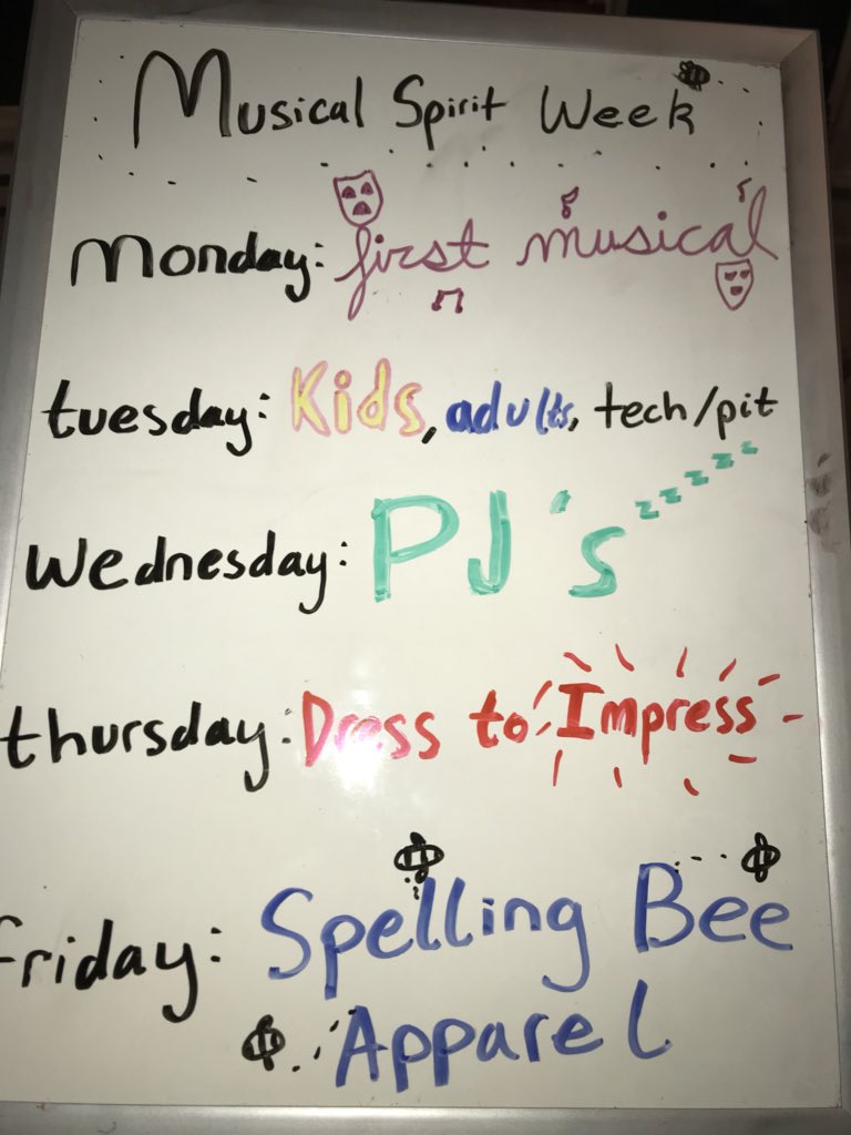 GLMusicals's tweet image. themes for next week!! tuesday is a color war, so kid characters wear yellow, adult characters wear blue and tech/pit wear black 🐝