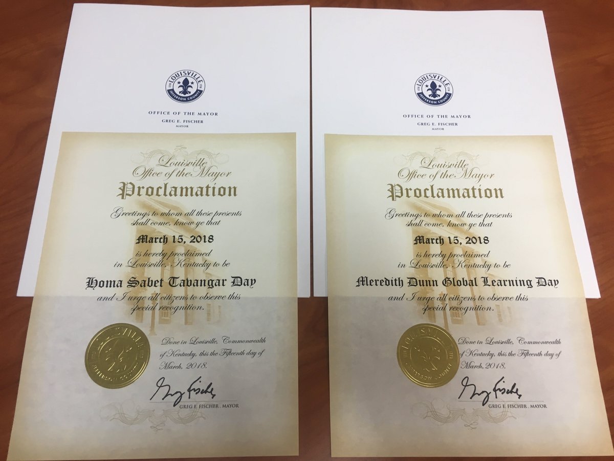 #Lousiville, #Kentucky is officially a "Compassionate City". .<a href="/louisvillemayor/">Mayor Craig Greenberg</a> Proclaimed today "Meredith Dunn Global Learning Day" and "Homa Sabet Tavangar" Day.  WOW! Your city's dedication to #globaled, cooperation, inclusion and KIDS serves as a model for all!