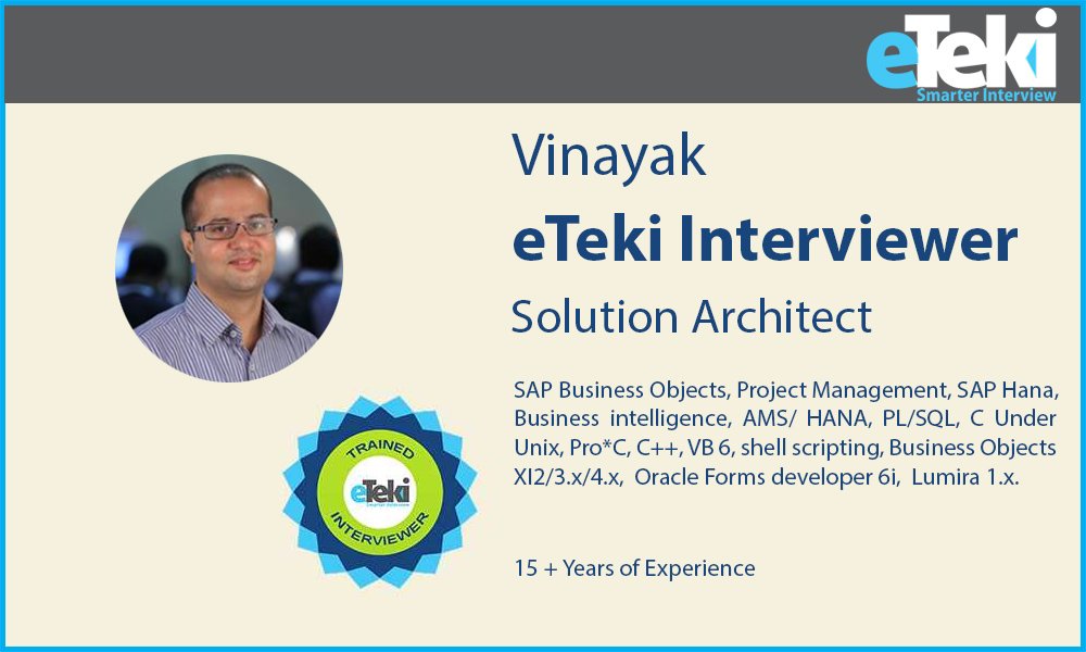 eTeki_Inc's tweet photo. #TechnicalInterviewer Thursday: Meet Vinayak, a Solution Architect and one of our #Technical Interviewers. 

Vinayak can help screen your next #IT hire! https://t.co/C3Mll4o4TK