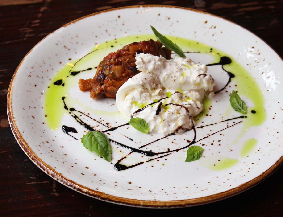 SiennaMercato's tweet photo. Burrata with a smoked eggplant caponata, basil oil, balsamic reduction #mezzo #choosethree https://t.co/x3UVtmaL8H