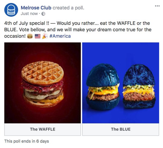 Melrose_Club's tweet photo. Don't forget our #Facebook poll! Come on and #vote for the #burger you'd like to see around the #4thOfJuly! #America #MelroseClub 
https://t.co/HzfbFeb5CU https://t.co/E03cvlhsnT