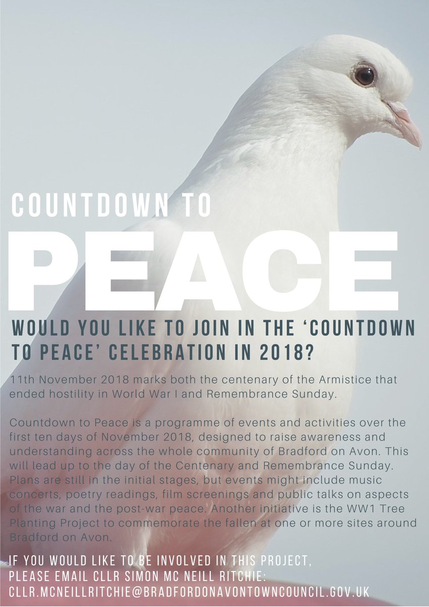 Countdown2peace's tweet image. Countdown to Peace is a programme of events and activities over the first ten days of November 2018, designed to raise awareness and understanding across the whole community of Bradford on Avon. #countdowntopeace