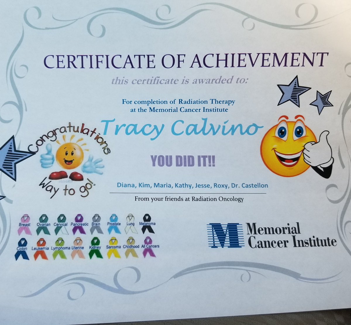 Woohoo.... #Radiation done! Step 2 in this #breastcancer journey complete. Waiting to be told I'm cancer free in a few months!🙏🏼 Thank you to everyone at #memorialcancerinstitute at #memorialwest! What a great group of people! Also to my friends for standing by me! #survivor💗