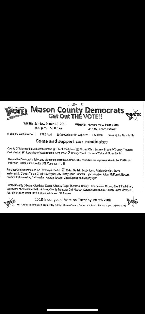 BillHoulihan18's tweet photo. Join us this Sunday, March 18th at 2 p.m. for the Mason County Democrats: Get Out The Vote event! Please see the flier below for details.
#jbforgov #ildemocrats #illinoisdems https://t.co/nBez6yqKoc