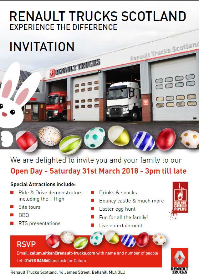 RenaultTrucksS's tweet photo. You are all invited!! 

♦️ Celebrating the official Opening of our newly upgraded and refurbished site in Bellshill! 

♦️ Celebrating the Offical Launch of Range T-High RHD! (First chance to rid and drive in Scotland) https://t.co/JuK0OTGz2P