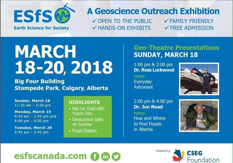 ESfS_Canada's tweet photo. This SUNDAY, March 18th in the Geo-theatre we have speakers:

@spincrisis (Dr. Ross Lockwood) 1pm &amp; 3pm

@dinojonrox (Dr. Jon Noad) 2pm &amp; 4pm

Check out the #ESfS2018 interactive earth science exhibits in between the 20 minute talks. https://t.co/WiBdDFeIFw