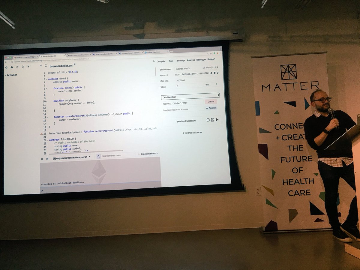 Live at #Ethereum #Meetup <a href="/adamakraft/">Adam Kraft (adamkraft.eth)</a> illustrates a case study on “Smart Home Coin” and launches a new token onsite called CoinRad in less than 15 minutes

#Chicago #Crypto #tech