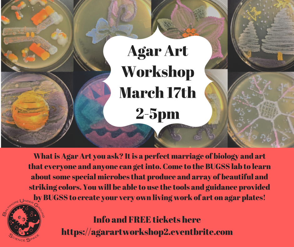 BUGSSlab's tweet photo. THIS SATURDAY! Try out #agarart! Create a #living #growing #masterpiece#microbes that produce pigments of various colors! Enter to win American Society of Microbiology contest! @ASMicrobiology (Kids contest ages 5-12 years old) (#Maker contest-ages 12 + #bioart #baltimore #diybio https://t.co/IytaV8E6IR