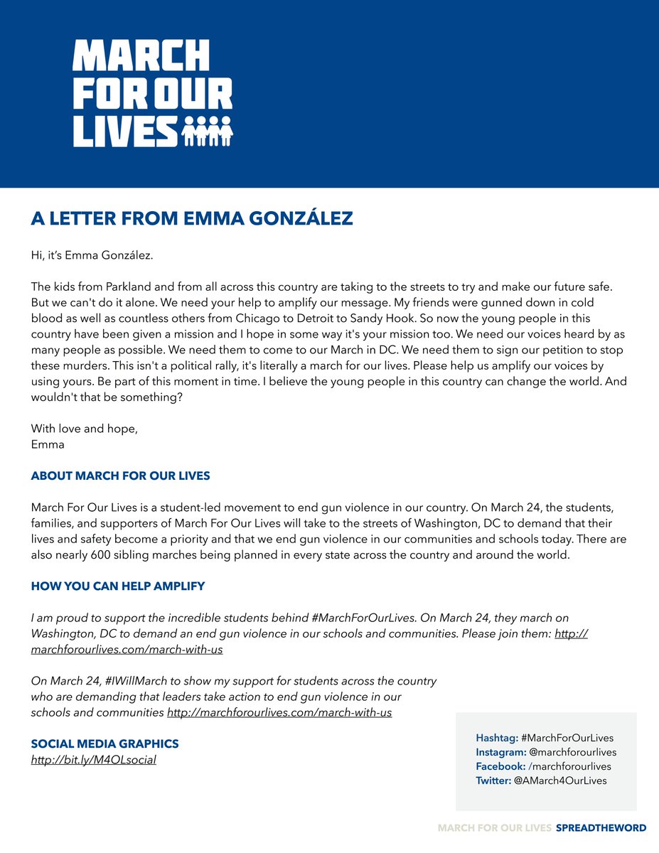 #MarchForOurLives: I proudly stand with @Emma4Change and the rest of the courageous students at Parkland. On March 24, they march on Washington, DC to demand an end gun violence in our schools and communities. Join them: bit.ly/2HC2sH3
