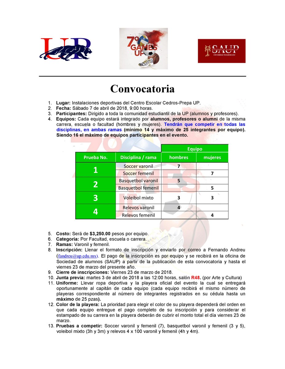 PanterasUP_MX's tweet photo. ¿Ya están inscritos a #GamesUP 2018?
¡Habrá hasta $25,000 en premios en efectivo!

Inscripciones en la oficina de Deportes de 09:30 a 17:30 horas

Pidan su hoja de registro a fandreu@up.edu.mx o 0163760@up.edu.mx

Los miembros de su equipo deben ser de la misma carrera o facultad https://t.co/H4vxMGStAv