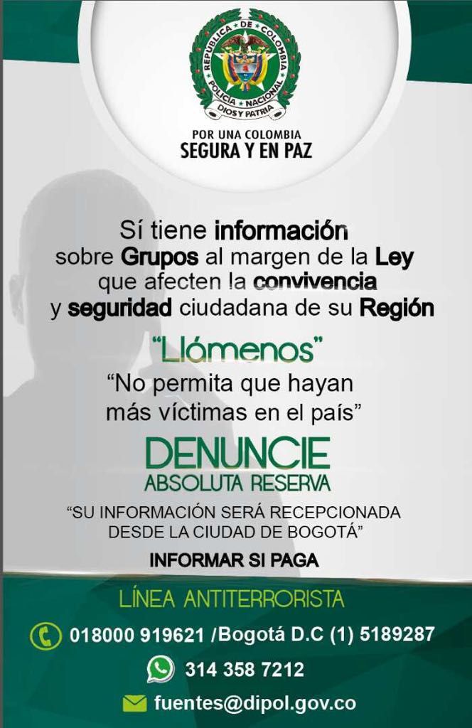 PoliciaDEMAG's tweet photo. Si tiene información sobre grupos al margen de la ley que puedan afectar la convivencia y seguridad ciudadana de la región infórmenos... ¡Denuncie! absoluta reserva https://t.co/0qPdt4Dd9e