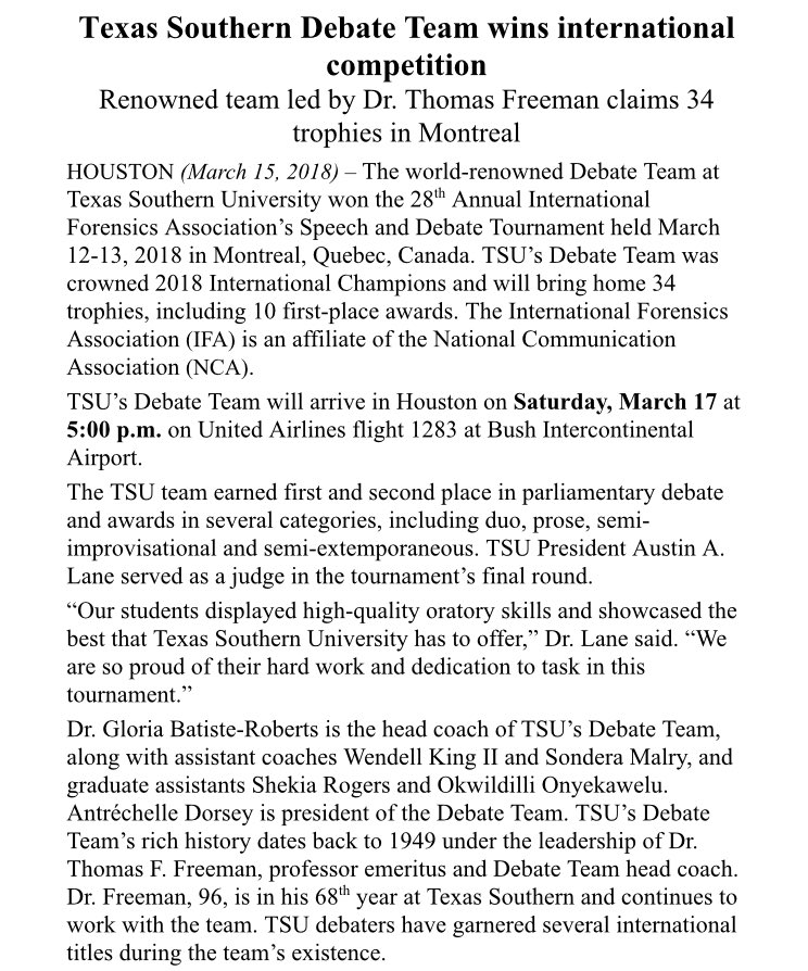 EricaOnABC13's tweet photo. How exciting! The @TexasSouthern Debate Team won the 28th Annual International Forensics Association’s Speech and Debate Tournament in Montreal, Quebec, Canada. 👏🏽 https://t.co/mhl1euwJBW