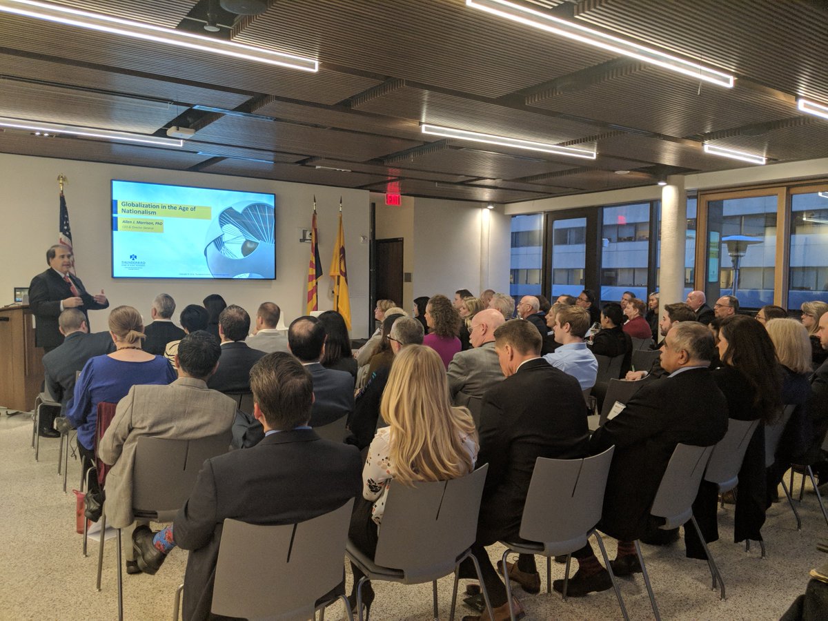 ASUinDC's tweet photo. Dr. Allen J. Morrison, Chief Executive Officer and Director General of @Thunderbird discusses how technology affects globalism after welcoming the #TbirdNetwork to their new home at the Barrett & O'Connor Washington Center. #ASUinDC https://t.co/NWmOVKZhJa
