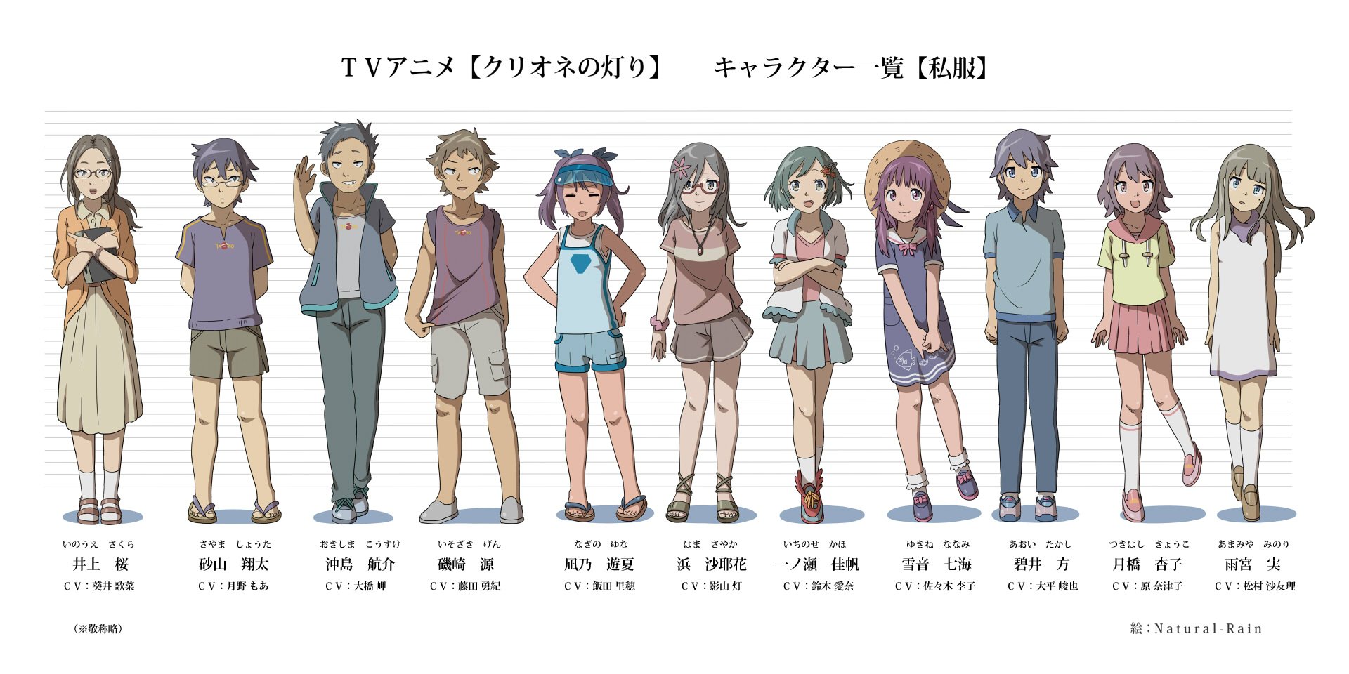ナチュラルレイン 絡合 ｔｖアニメ クリオネの灯り 監督 石川プロ 原作 ナチュラルレイン キャスト 松村沙友理 乃木坂４６ 原奈津子 大平峻也 佐々木李子 鈴木愛奈 影山灯 飯田里穂 藤田勇紀 大橋岬 月野もあ 仮面女子 葵井歌菜 ほか