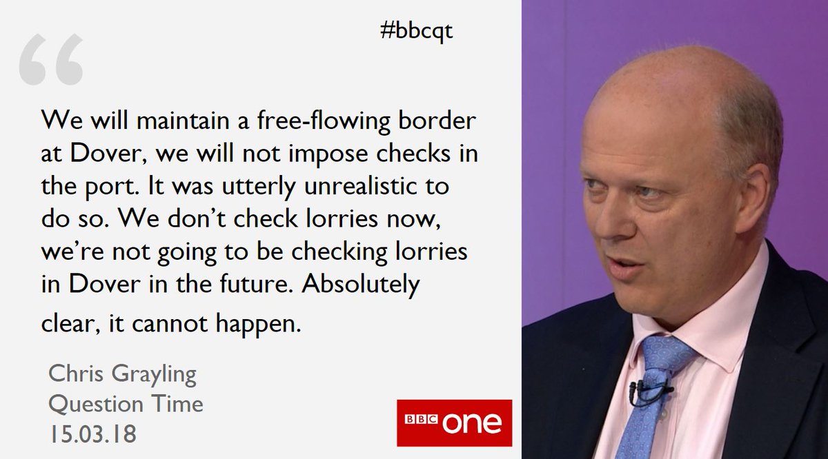 bbcquestiontime's tweet photo. Chris Grayling says the government 'will not in any circumstances create a hard border in Dover' after the UK leaves the EU #bbcqt https://t.co/BHW4Wm70AQ