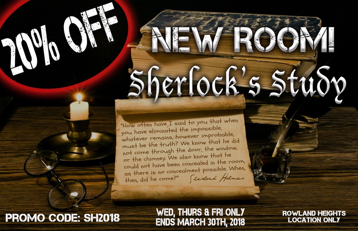 Exodus Escape Room On Twitter 20 Off Sherlock S Study At Our Rowland Heights Location Book Now Promo Code Sh2018 Https T Co P1dqwx7b3w