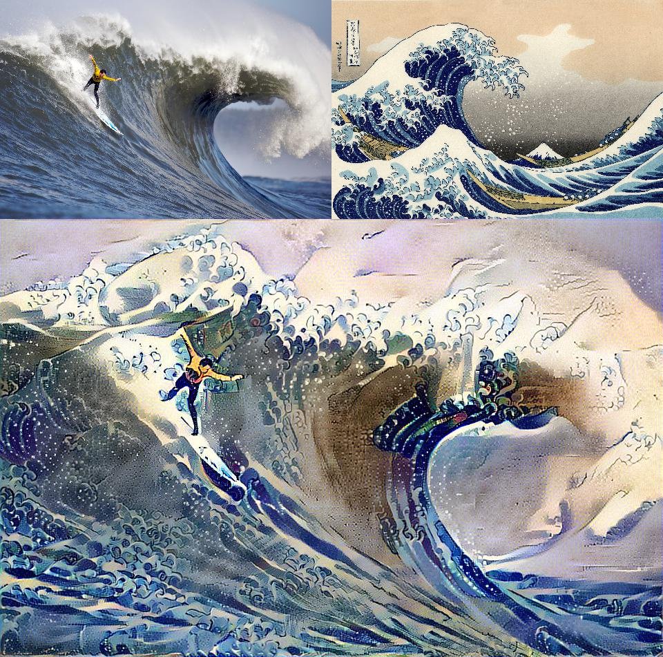 1. photo of a surfer on a wave
2. picture of the famous print: The Great Wave off Kanagawa
3. combination of the two created through a neural net