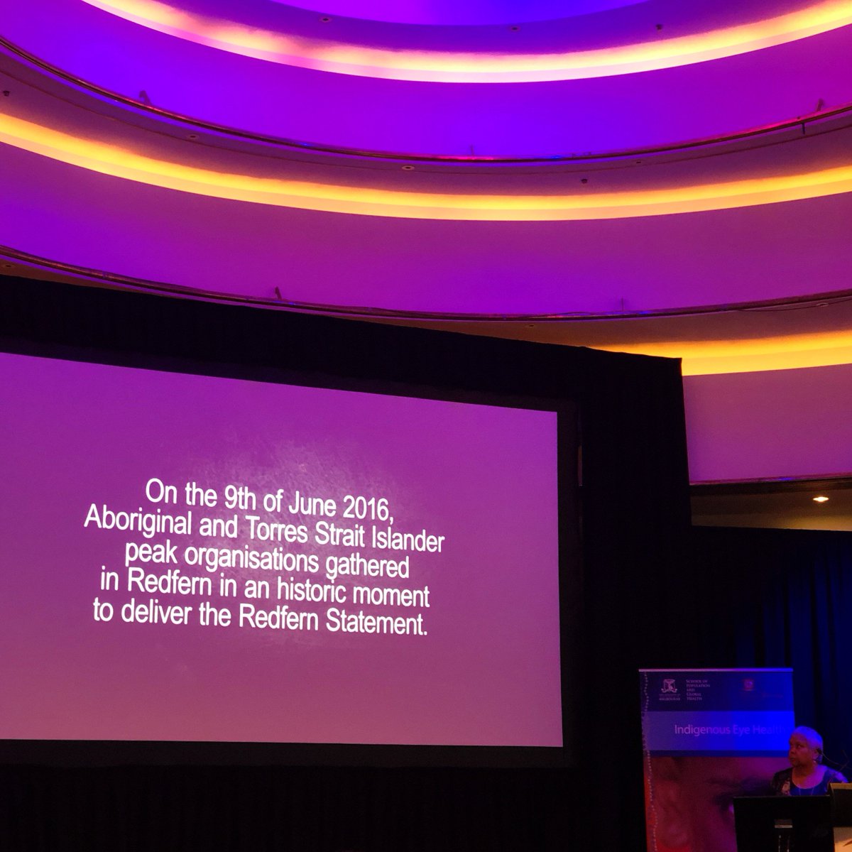 RANZCOeyedoctor's tweet photo. Day two of the #CTGV2018 Conference, Keynote speaker Dr Jackie Huggins from the National Congress of Australia’s First Peoples opened with a message of achieving self determination and that decision makers should “do things with us not to us”. #redfernstatement #closethegap https://t.co/uzuGZL298g