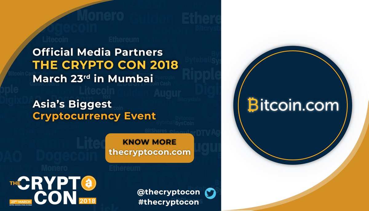 InfinitVerse's tweet photo. We are delighted to have @BitcoinCom as a Media Partner of Asia's
Biggest Cryptocurrency Event 'The Crypto Con' on 23rd March in Mumbai.
Tickets available now! Register at https://t.co/IdmTlCYVfH before it is
too late. #thecryptocon #Blockchain #Conference #Cryptocurrency https://t.co/qDpvZkI4sh