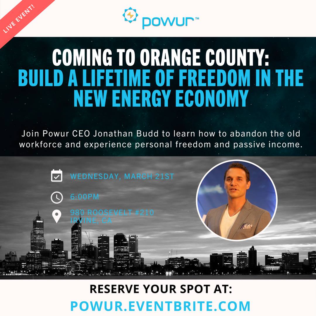 richlprice's tweet photo. Energy!  #GreenEnergy is the future of sustainability and #Powur has the technology platform to put you in #businesses today.  Local Event in #IrvineCalifornia on March 21, 2018 will show you all about it and let you meet the CEO and co-founder of the company, #JonathanBudd. https://t.co/ljBmj32z68