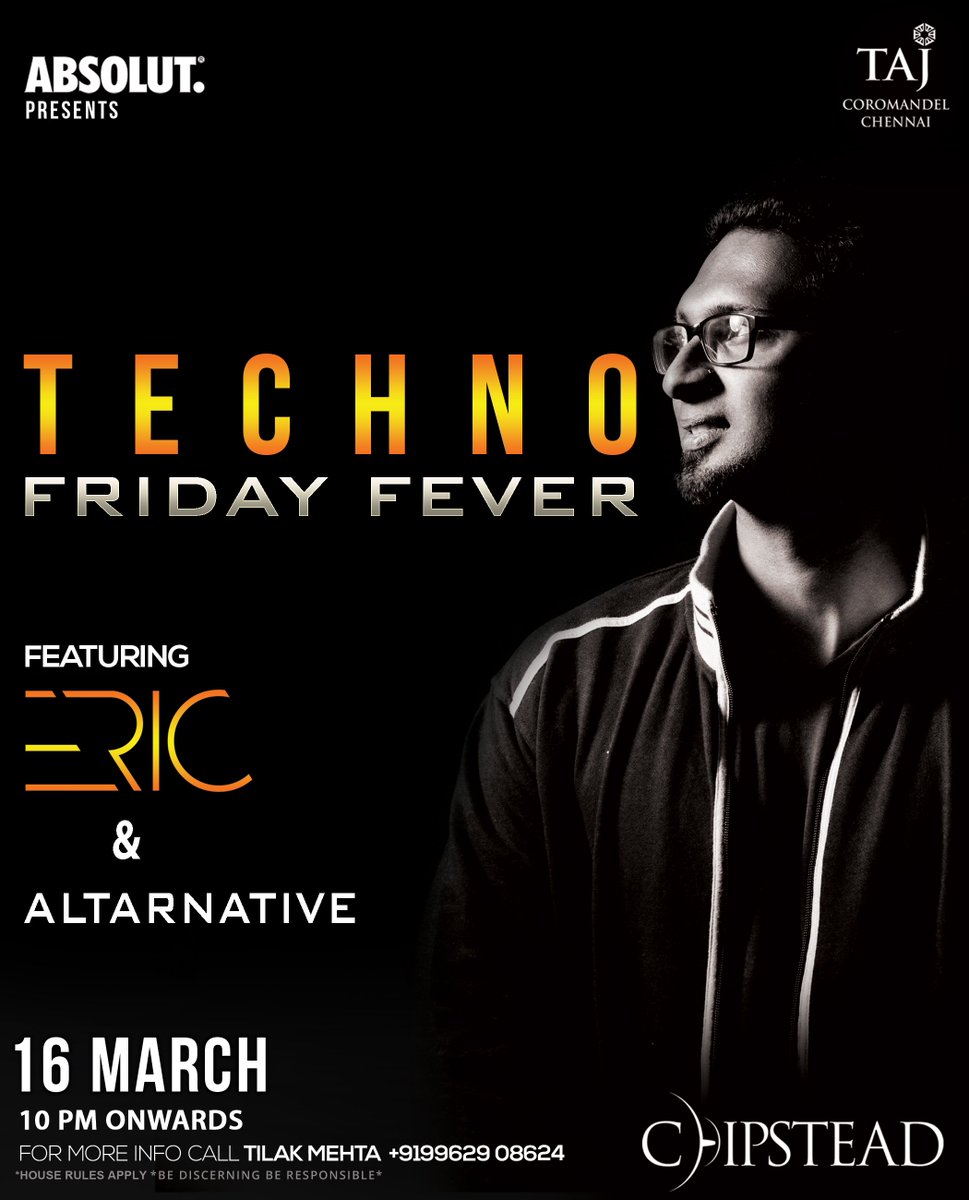 taj_coromandel's tweet photo. Enjoy the Techno vibe with DJ ERIC and DJ ALTARNATIVE this Friday at #Chipstead.
For more information, call us on +91 9962908624 - Tilak Mehta.

#TajCoromandel https://t.co/qmljhOoFbB
