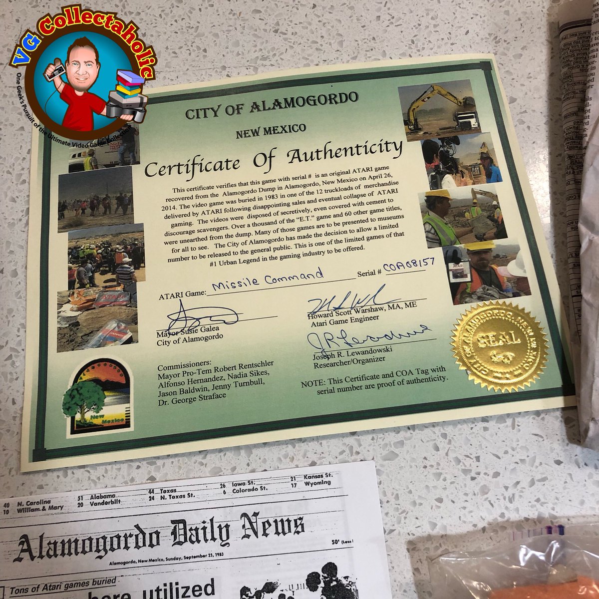 VGCollectaholic's tweet photo. Added an epic piece of video game history to the collection - Missile Command dug up from Atari’s Alamogordo dump site. This is all being framed in a shadow box for an awesome game room discussion piece. Thanks again @basshoggy!
#Atari #Alamogordo #AtariGameOver #AtariDig https://t.co/Yh4py4JbAB