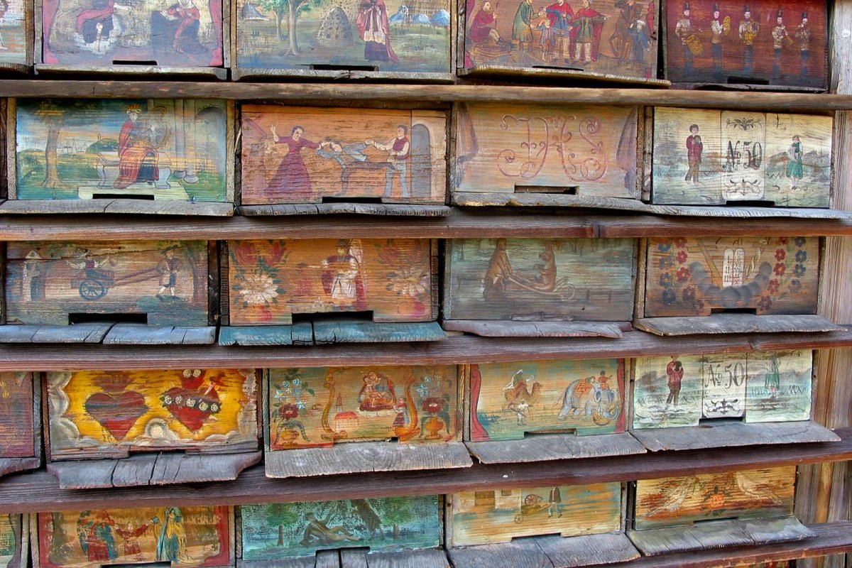 The reason these boards survived outdoors for centuries is due to the material of the paint itself: locally produced linseed oil and earth pigments varnish and protects the wood itself. Sustainable art at its best. The oldest board surviving is from 1758.