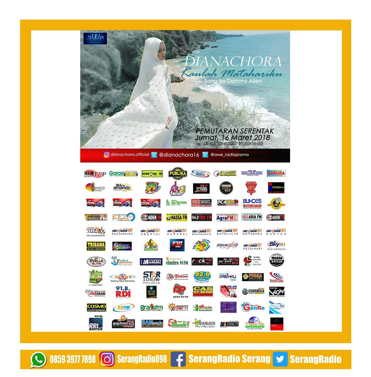 SerangRadio's tweet photo. Hari ini kaka teteh,
Muter di 89.8 #Serangradio
@dianachora16 @aWe_Radiopromo #kaulahmatahariku #pemutaranserentak #dianachora #ETNIKOM #Music #etnikomnetwork #ayodengarradio #Elevenation https://t.co/9PGQ49esTg
