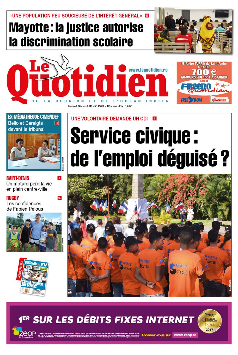 lequotidien's tweet photo. Bonjour 😀
A la Une de ce vendredi 16 mars
#emploi #servicecivique #mayotte #education #discrimination #scolaire #médiathèque #bello #bareigts #accident #rugby #pelous #quotidientv #cuisine https://t.co/Ne76QBfB1V