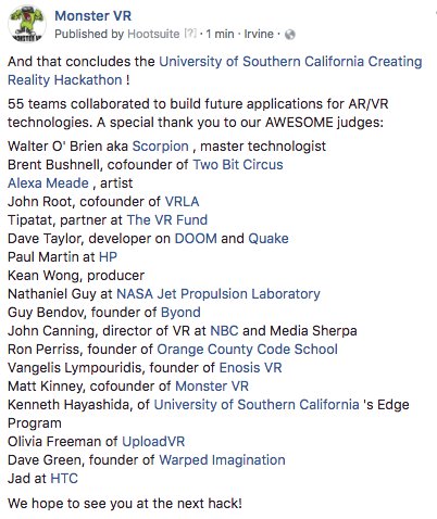 That's a wrap! Thank you all for attending the Creating Reality Hackathon. Special thanks to our judges. We hope to see you at the next one! #hackathon #virtualreality