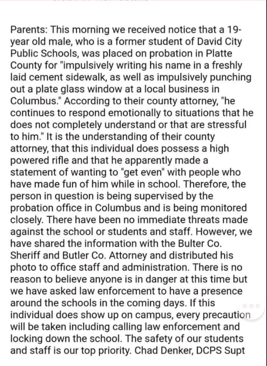 Smooth_from_SHG's tweet photo. What in the actual fuck? If a person is emotionally unstable &amp; even hints at a threat while on probabtion, take the gun away...  This is my kids school for fucks sake. https://t.co/tFCMxK8IV2